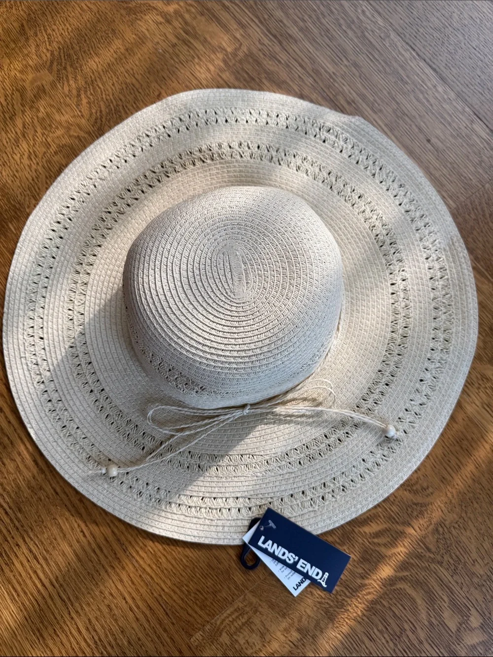 Lands' End Cream Straw Sun Hat with Decorative Tie